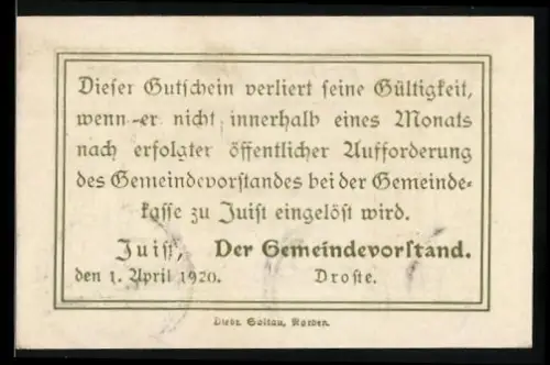 Notgeld Juist 1920, 10 Pfennig, Inselmotiv mit Robbe