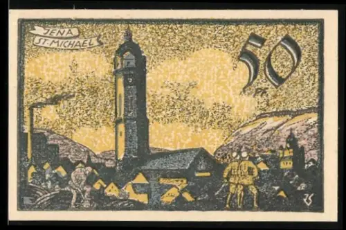 Notgeld Jena 1921, 50 Pfennig, St. Michael und Ortsansicht mit Wappen und Dekor