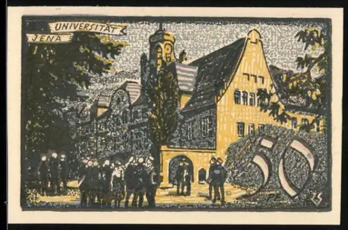 Notgeld Jena 1921, 50 Pfennig, Universitätsgebäude mit Studenten und dekoratives Wappen