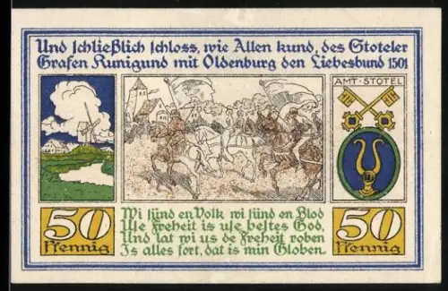 Notgeld Stotel 1921, 50 Pfennig, Heirat des Grafen Kunigund 1501, Kirche, Windmühle, Wappen