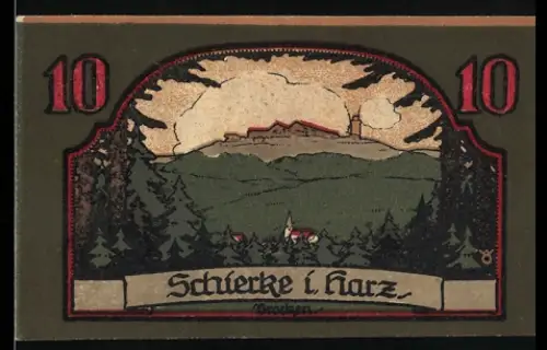 Notgeld Schierke i. Harz 1921, 10 Pfennig, Blick auf den Brockengipfel, Goethes Faust Motiv