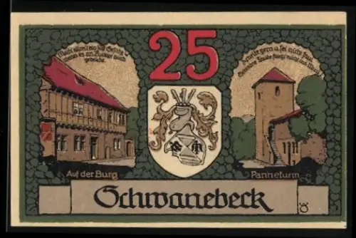 Notgeld Schwanebeck 1921, 25 Pfennig, Burg und Panneturm mit Wappen