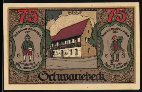 Notgeld Schwanebeck 1921, 75 Pfennig, Strassenpartie am Rathaus