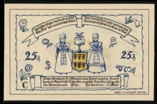 Notgeld Scheessel 1921, 25 Pfennig, Frauen in Tracht und ländliche Szene mit Kirche