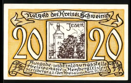 Notgeld Schweinitz 1921, 20 Pfennig, Ansicht von Jessen und Löwe mit päpstlicher Krone