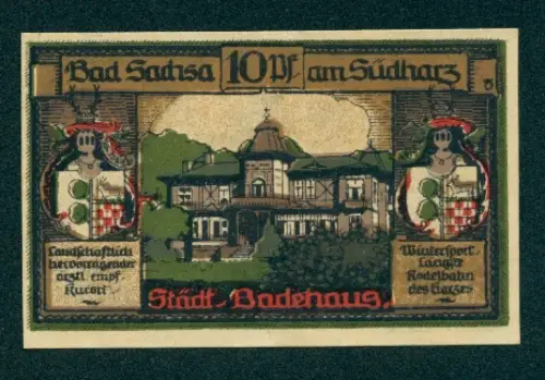 Notgeld Bad Sachsa am Südharz 1921, 10 Pfennig, Städtisches Badehaus mit Wappen
