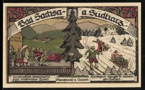 Notgeld Bad Sachsa a. Südharz 1921, 75 Pfennig, Wintersport und Bahnhif Bad Sachsa mit Urlaubern