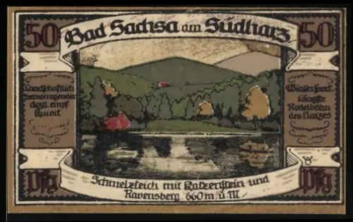 Notgeld Bad Sachsa am Südharz 1921, 50 Pfennig, Schmelzteich mit Katzenstein und Ravensberg