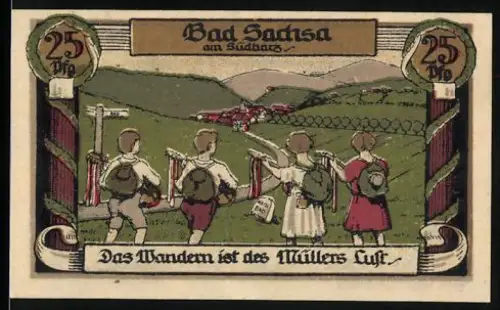 Notgeld Bad Sachsa am Südharz 1921, 25 Pfennig, Wanderer und Musiker mit Wappenmotiv