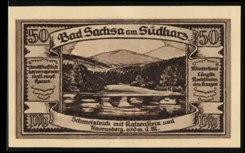 Notgeld Bad Sachsa am Südharz 1921, 50 Pfennig, Schmelzteich mit Katzenstein und Ravensberg
