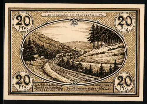 Notgeld Stützerbach i. Th. 1921, 20 Pfennig, Zahnradbahn, Glashütte von 1661 und Glasindustrie-Motive