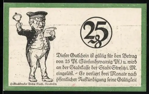 Notgeld Strelitz i. M. 1921, 25 Pfennig, Stadtwappen und Szene mit Pferden und Kutsche