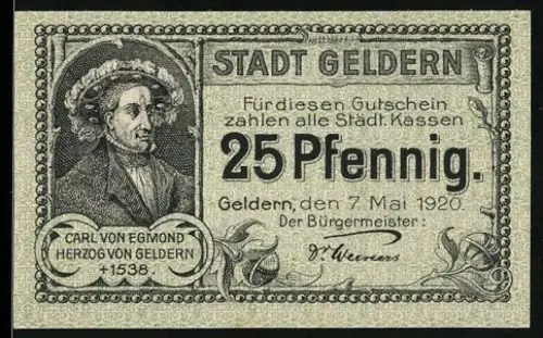Notgeld Geldern 1920, 25 Pfennig, Portrait Carl von Egmond Herzog von Geldern, Löwe im Wappen