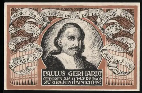 Notgeld Gräfenhainichen 1921, 50 Pfennig, Paulus Gerhardt Porträt, Alt-Gräfenhainichen zerstört 1637