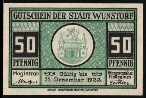 Notgeld Wunstorf 1922, 50 Pfennig, Stadtwappen und Stiftskirche