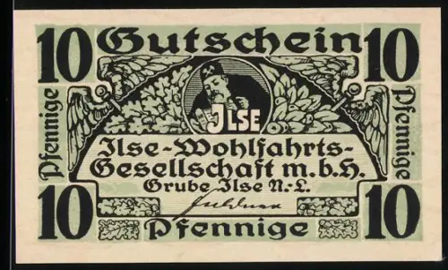 Notgeld Grube Ilse /N.-L., 10 Pfennig, Bergmann-Motiv mit Blattornamenten