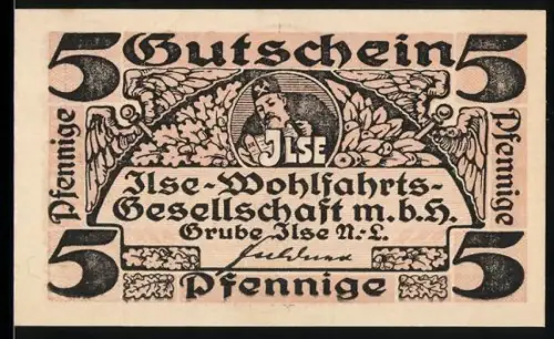 Notgeld Grube Ilse /N.-L., 5 Pfennig, Bergmannsporträt und Eichenlaubornamentik
