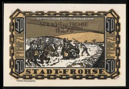Notgeld Frohse 1921, 50 Pfennig, Schlacht bei Frohse 1278, Fahnenträger und Wappen