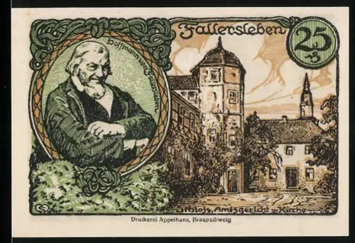 Notgeld Fallersleben 1920, 25 Pfennig, Hoffmann von Fallersleben, Schloss, Amtsgericht und Kirche