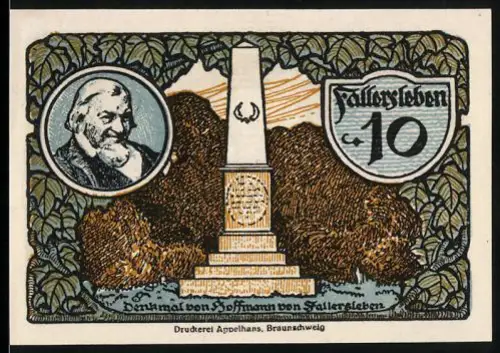 Notgeld Fallersleben 1920, 10 Pfennig, Hoffmann von Fallersleben Denkmal und Wappen mit Löwen
