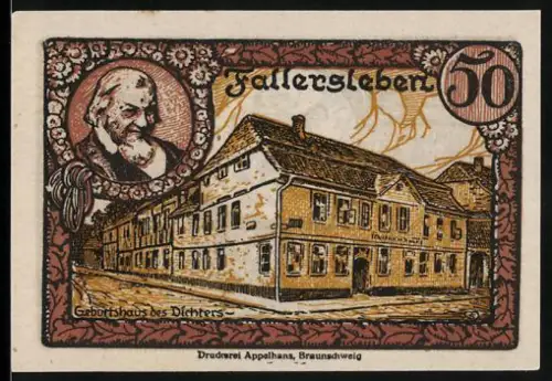 Notgeld Fallersleben 1920, 50 Pfennig, Geburtshaus des Dichters und Wappen mit Löwe