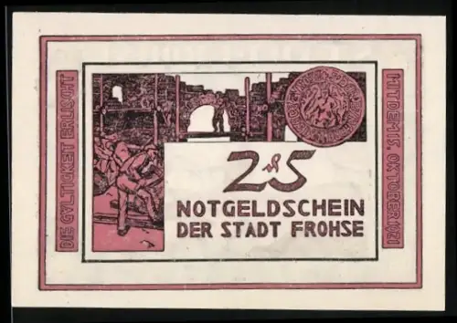 Notgeld Frohse 1921, 25 Pfennig, Bauern mit Pflug auf dem Feld