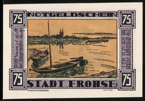 Notgeld Frohse 1921, 75 Pfennig, Boote auf Fluss und Hafenarbeiter ziehen Boot an das Ufer