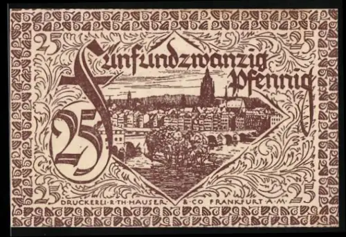 Notgeld Frankfurt am Main 1919, 25 Pfennig, Ortsansicht mit Dom und Adlerwappen