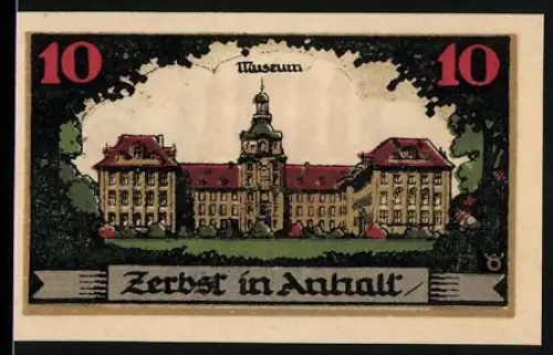Notgeld Zerbst in Anhalt 1921, 10 Pfennig, Blick auf das Museum und Stadtwappen