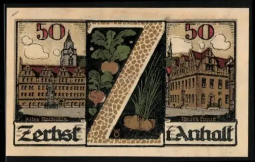 Notgeld Zerbst i. Anhalt 1921, 50 Pfennig, Altes Rathaus und Neues Haus, Stadtwappen