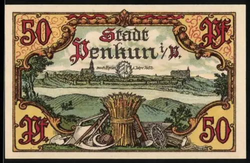 Notgeld Penkun i. P. 1921, 50 Pfennig, Ortsansicht nach Merian 1652, Stadtwappen mit rotem Greif