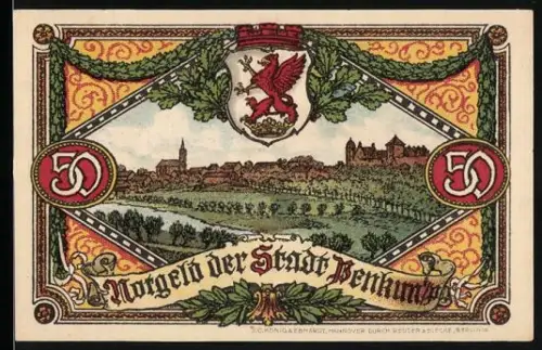 Notgeld Penkun i. P. 1921, 50 Pfennig, Ortsansicht und Schloss Penkun, landwirtschaftliche Werkzeuge