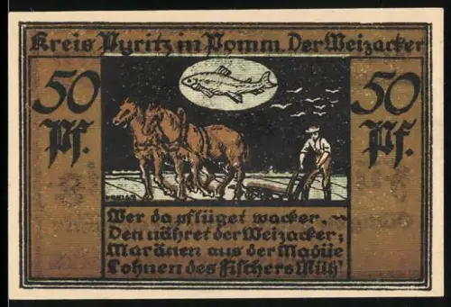 Notgeld Pyritz i. Pommern 1921, 50 Pfennig, Pflügender Bauer und Fisch