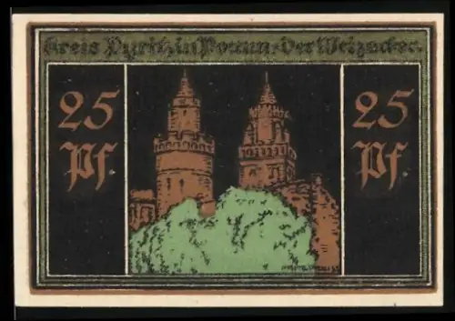 Notgeld Pyritz in Pommern 1921, 25 Pfennig, Ansicht der Burgtürme