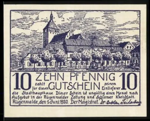 Notgeld Rügenwalde 1920, 10 Pfennig, Ortsansicht und Werbetext für lokale Produkte