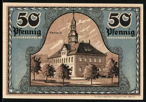 Notgeld Ronneburg /Thür. 1921, 50 Pfennig, Rathaus und Wappen vor Bäumen