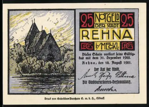 Notgeld Rehna i. Meckl. 1921, 25 Pfennig, Kirche am See und Porträt Fritz Reuter