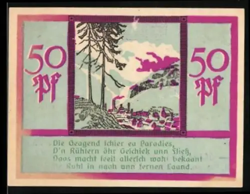 Notgeld Ruhla 1920, 50 Pfennig, Ortsansicht im Tal, Zitat über die Gegend