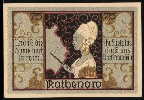 Notgeld Rathenow, 75 Pfennig, Ortsansicht mit Kirche und elegante Dame