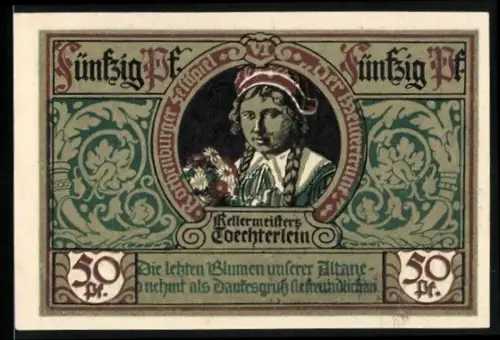 Notgeld Rothenburg ob der Tauber 1921, 50 Pfennig, Kellermeisters Toechterlein, Trommler und Wächter, Wappen