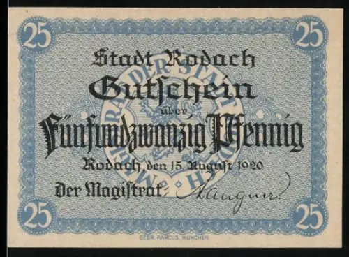 Notgeld Rodach 1920, 25 Pfennig, Löwenwappen mit dekorativem Rahmen