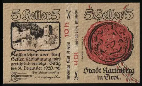 Notgeld Rattenberg in Tirol 1920, 5 Heller, Burgruine und rotes Siegel
