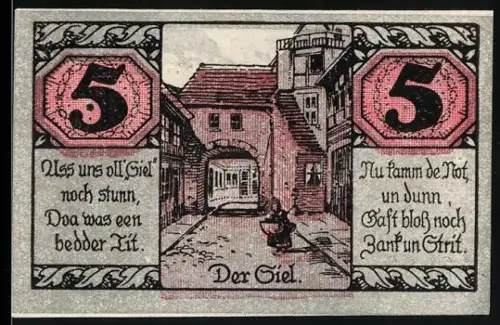 Notgeld Salzwedel 1921, 5 Pfennig, Ortspartie an Siel, Stadttor und Feldarbeiter
