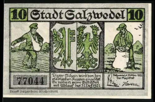 Notgeld Salzwedel 1921, 10 Pfennig, Bergfried der Burg und Bauern bei der Feldarbeit