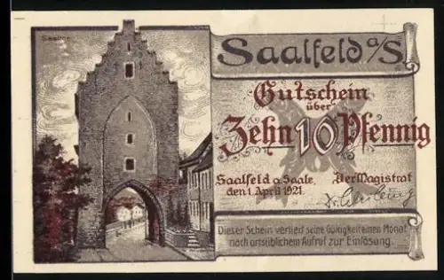 Notgeld Saalfeld /Saale 1921, 10 Pfennig, Stadttor und Flusslandschaft mit Brücke