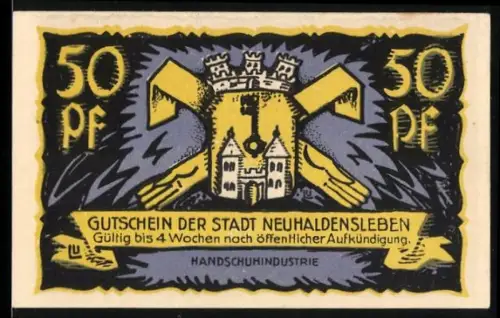 Notgeld Neuhaldensleben, 50 Pf, Stadtwappen mit Silhouette einer Fabrik