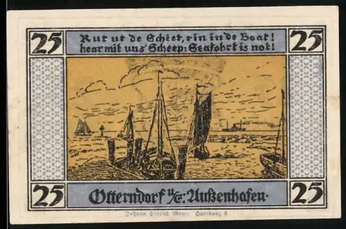 Notgeld Otterndorf u. E. 1920, 25 Pfennig, Aussenhafen mit Segelfahrzeugen, Wappen