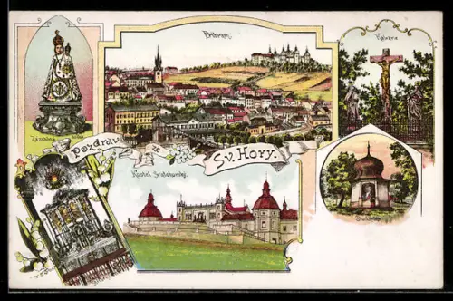 Lithographie Príbram, Sv. Hory, Kalvarie, Kostel Svatohorský, Studanka