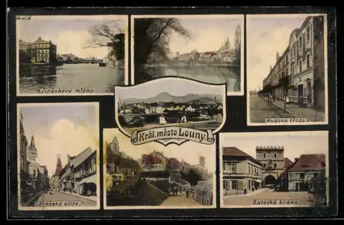 AK Louny, Jiráskovy mlýny, Prazská ulice, Zatecká brána, Husova trída