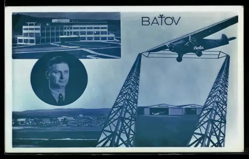 AK Otrokovice, Blick zum Flughafen, Hotel & Flugzeug, Bildnis Batov